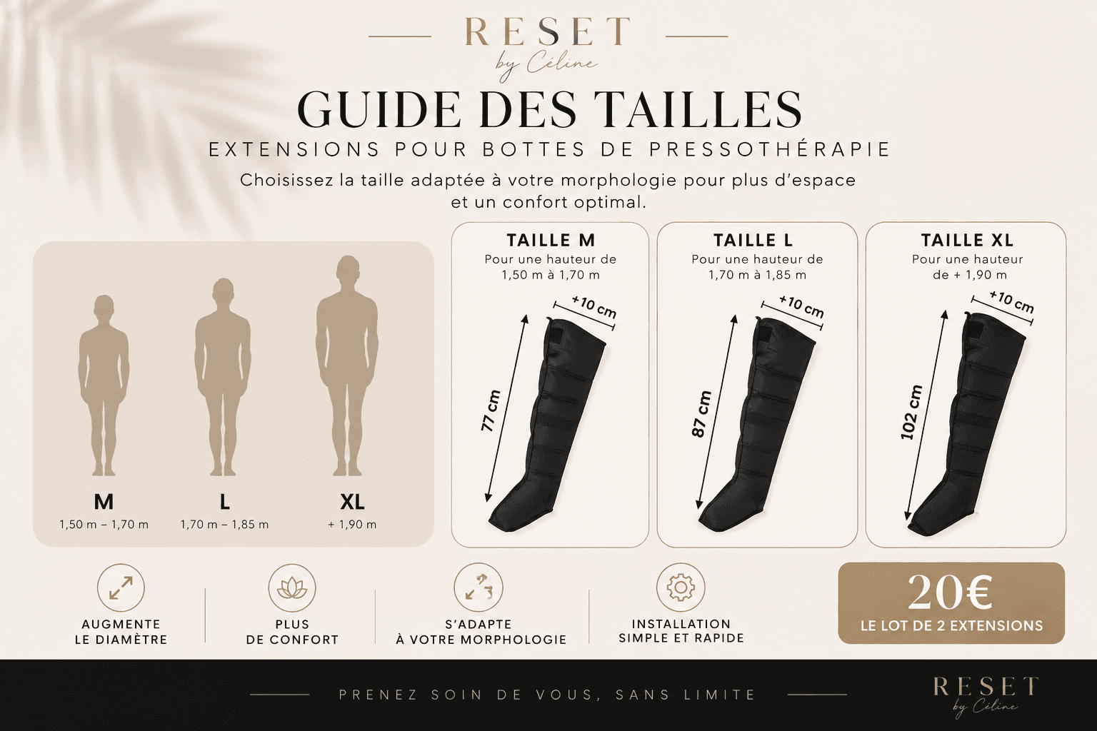 Guide RESET : taille M de 1,50 à 1,70 m, longueur 77 cm ; L de 1,70 à 1,85 m, longueur 87 cm ; XL au-delà de 1,90 m, longueur 102 cm ; largeur ajoutée de 10 cm